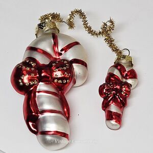 Vtg Christmas Ornament Candy Canes Paired Molded Glass Red Bows Gold Glitter